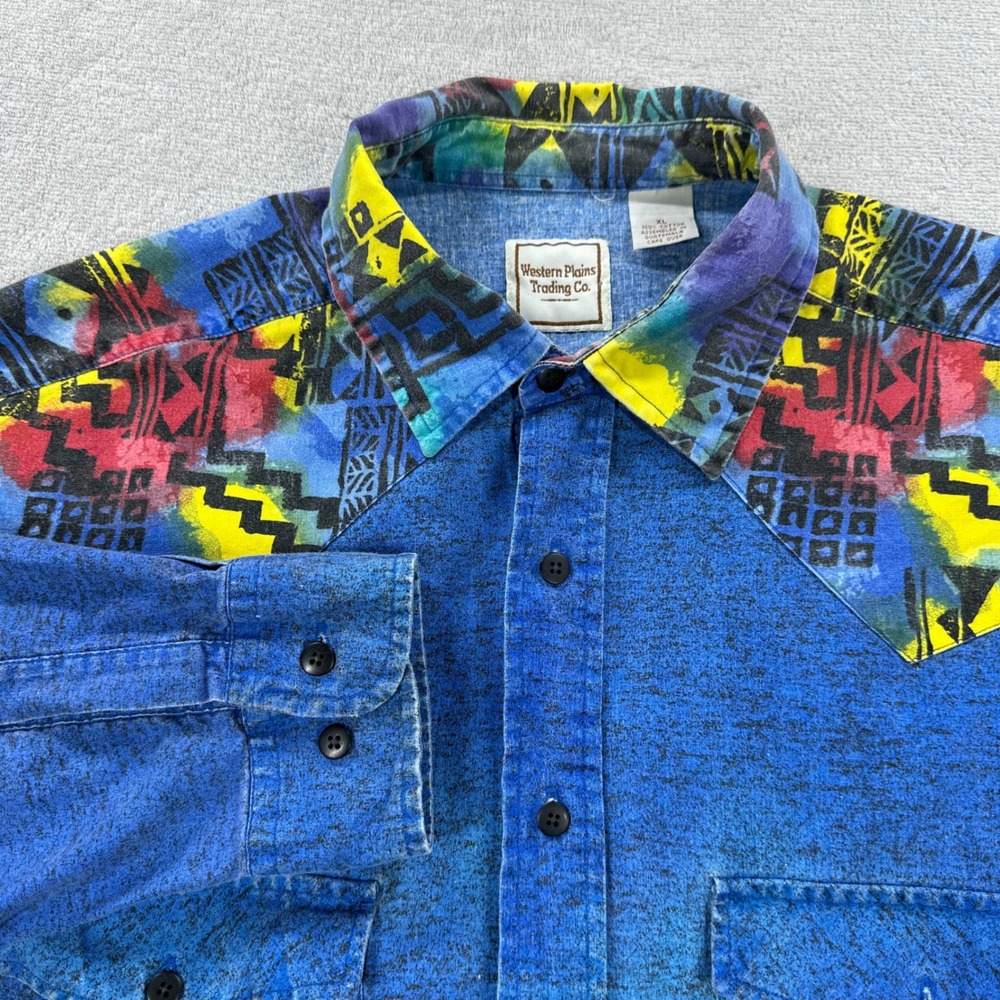 Western Plains Trading Co Shirt Mens XL Blue Southwestern Geometric Yoke Vintage